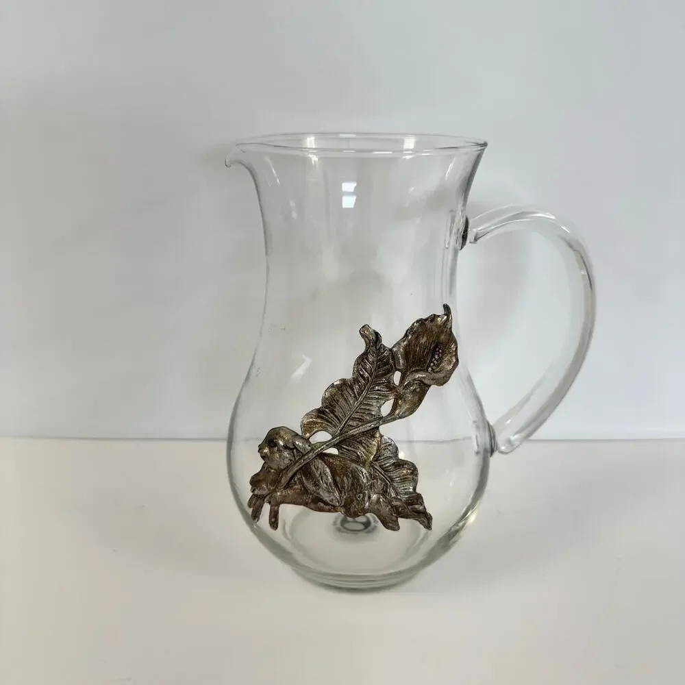 Arthur Court Clear Glass Pitcher with Aluminum Flower Bunny Rabbit Design